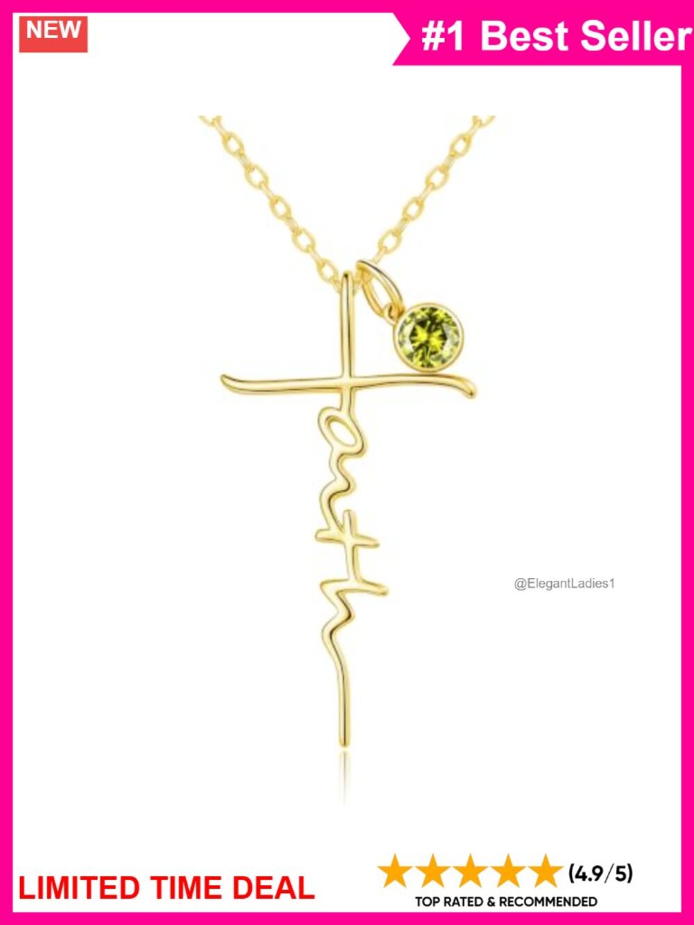 Faith Cross Birthstone Pendant Necklace 14K Gold Plated August